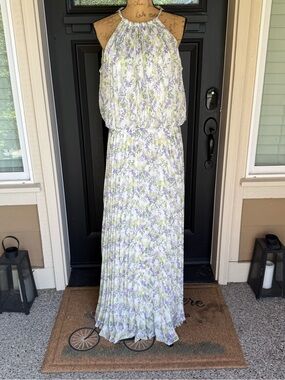 MSK Floral Pleated Chiffon Maxi Dress 16 Wedding Guest Cottagecore Lavender
